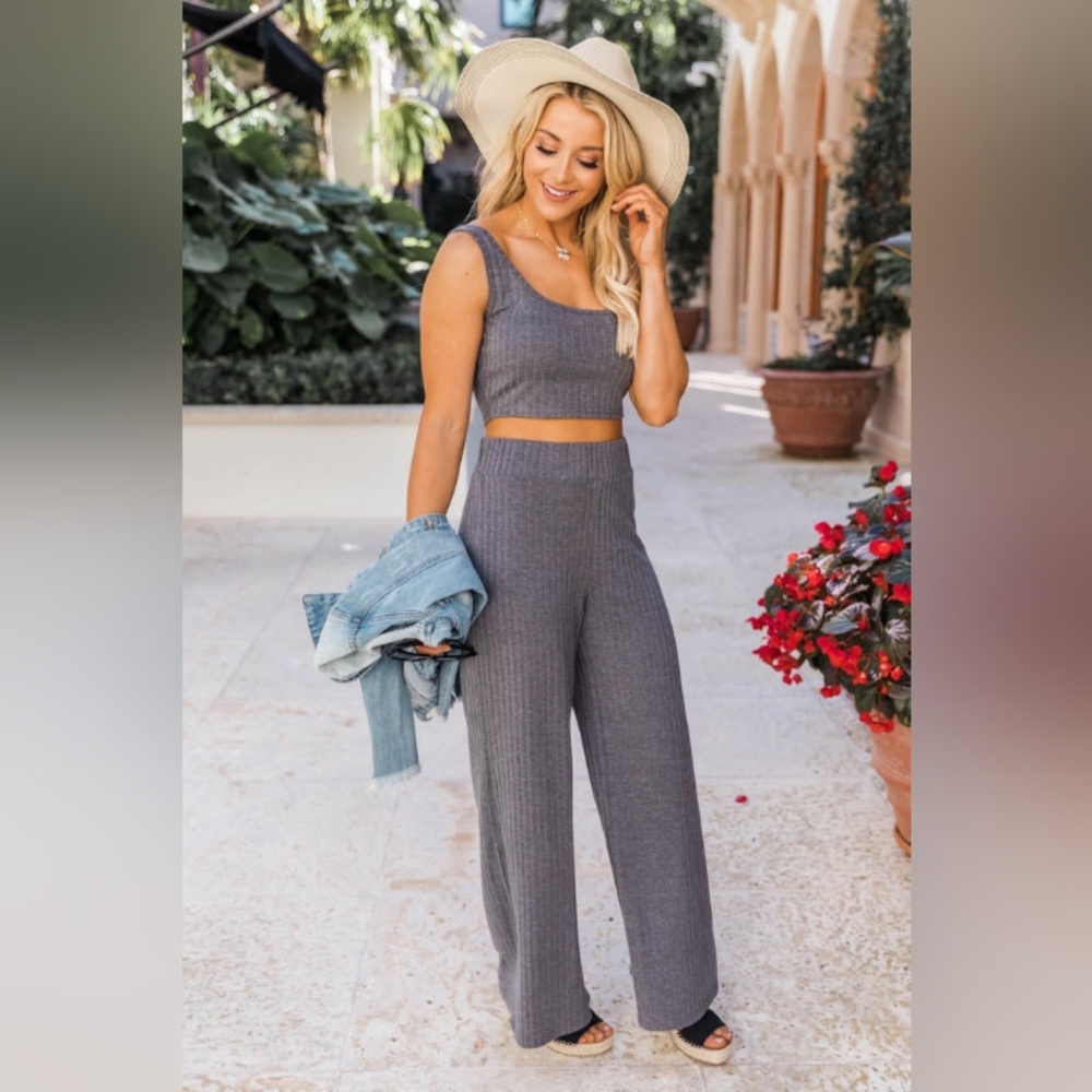 Pink Lily Saving Grace Ribbed Flare Pants Grey